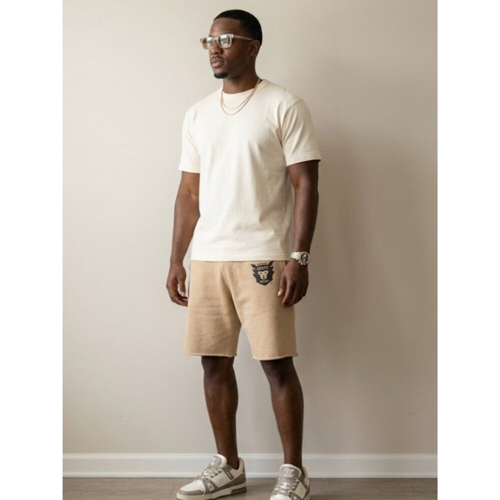 Human Made STRMCWBY Face Logo Tan Raw Hem Sweatshorts XL